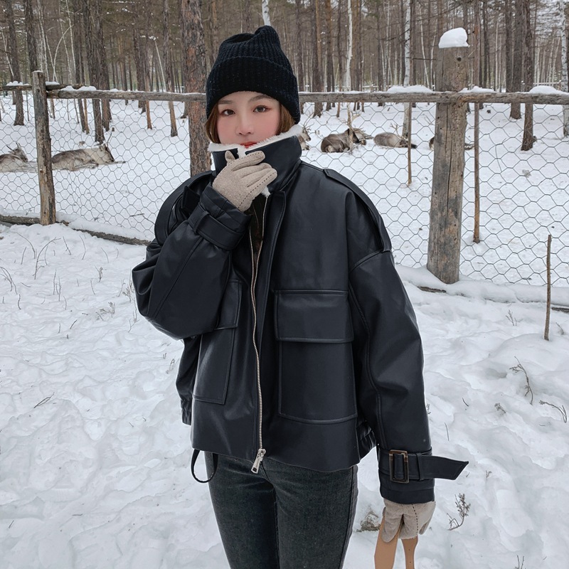 Light Brown Lapel Small Rabbit Fur Thick Loose Short Leather Jacket