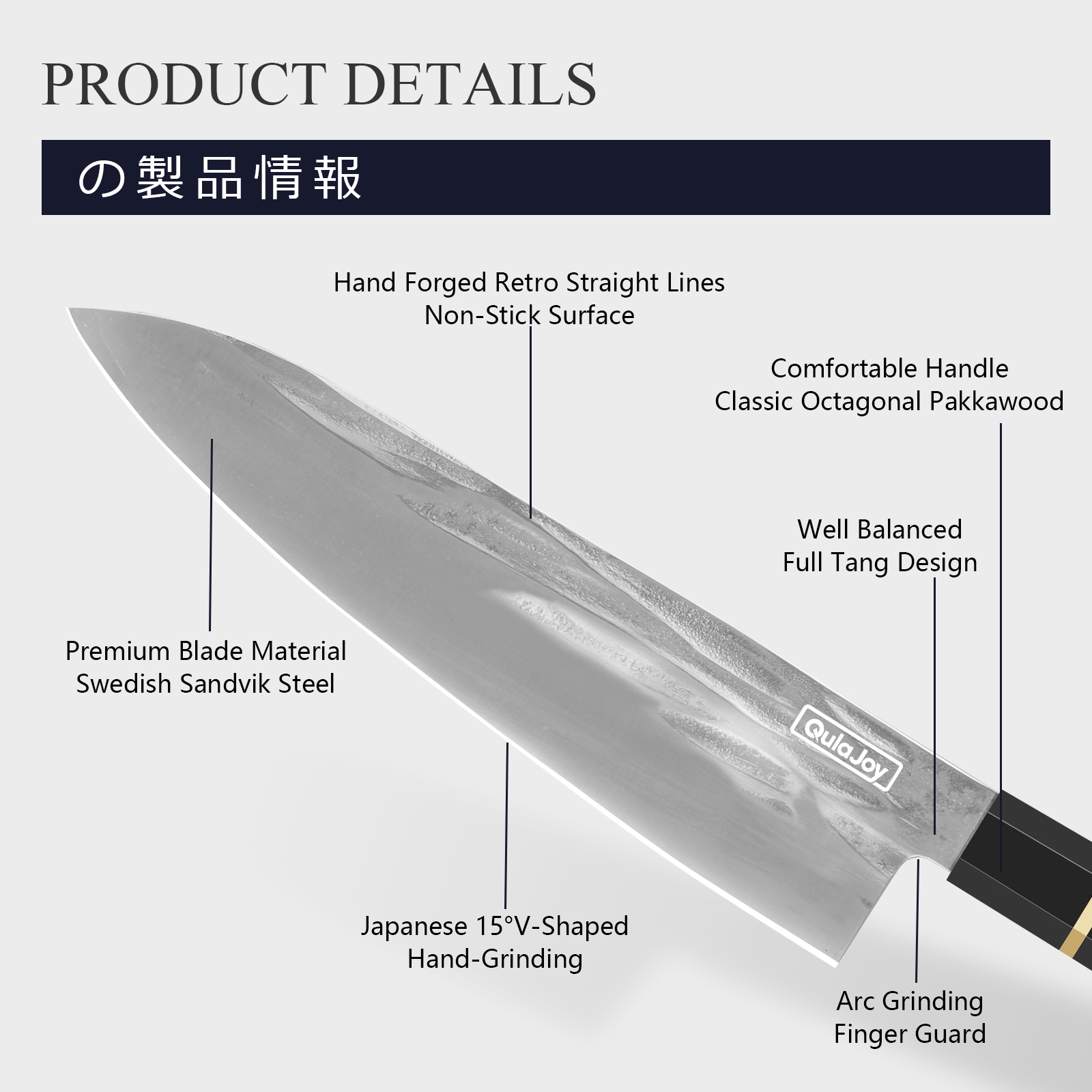 Qulajoy Chef Knife 8 Inch - Hand Forged Swedish Sandvik Steel Gyuto Cooking Knife - Professional Japanese Kitchen Knife - Classic Octagonal Handle