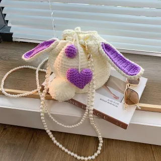 Strawberry Rabbit Crochet Wool Shoulder Bag - Purple