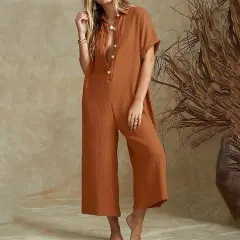 Women's Solid Colour Sexy Short-sleeved Jumpsuit - Khaki - View 1
