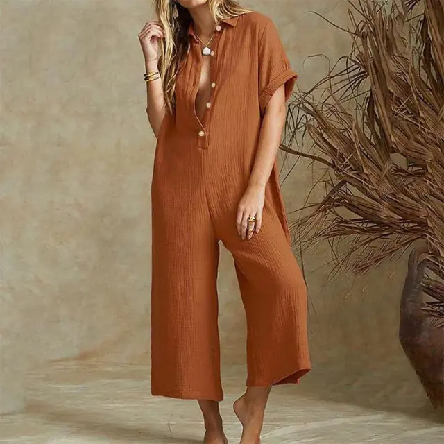 Women's Solid Color Sexy Short sleeved Jumpsuit Khaki - Shop at LoveMi