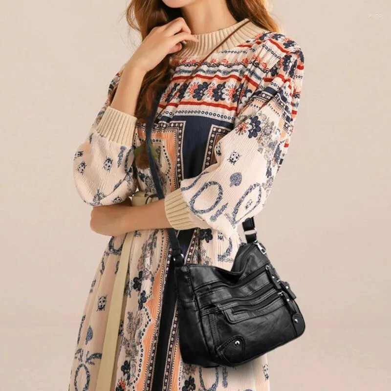 Women Shoulder Bag Large Capacity Washed Leather Messenger Bags Multi Zipper 3