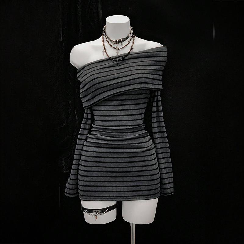 Women's Striped Off Shoulder Bodycon Dress, Long Sleeve Sexy Mini Dress Gray - Shop at LoveMi