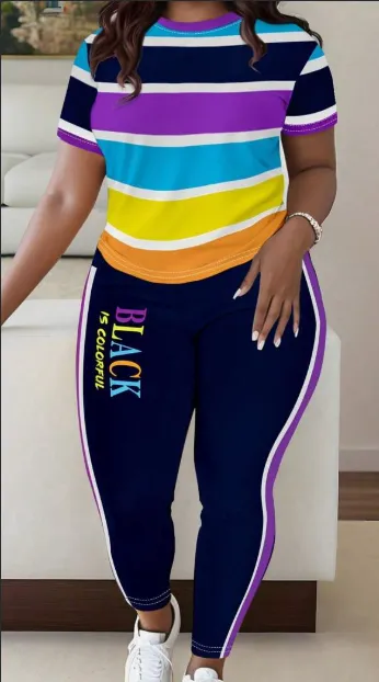 Women Fashionable Colorful Stripe Print T Shirt And Pants Casual Set Picture Color 2Xl - Shop at LoveMi
