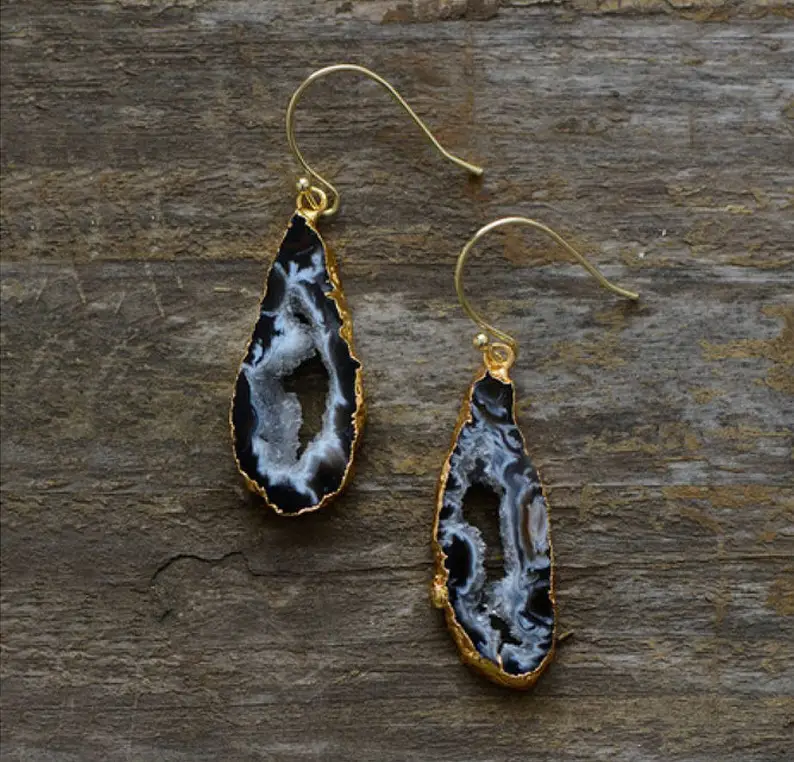 Vintage Agate Edging Hollowed-out Water Drop Irregular Earrings