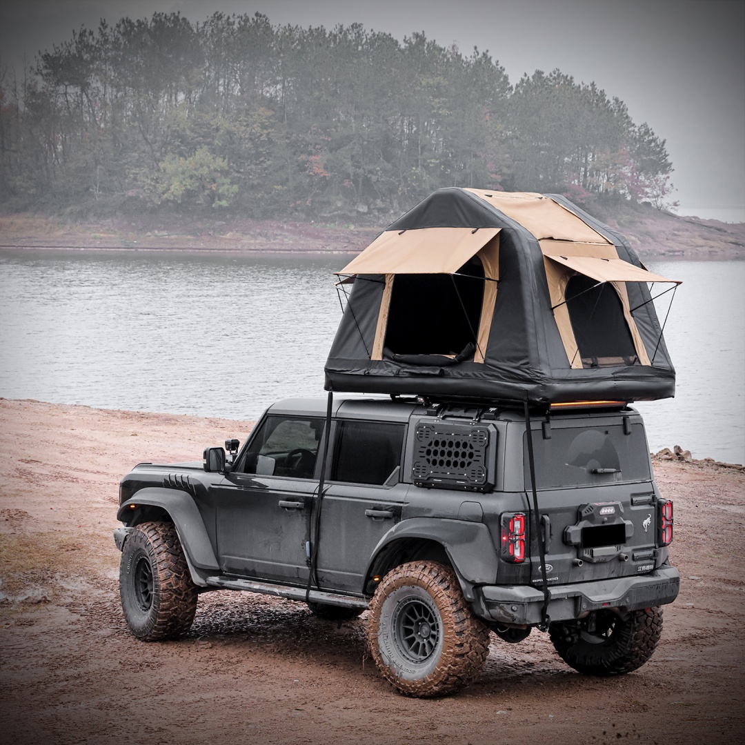 Foldable 2-3 People Amphibious Inflatable Car Roof Top Tent For Camping Outdoor Glamping Camping Tent For SUV,Truck  Without Ladder, Two-tone Style, Khaki & Black