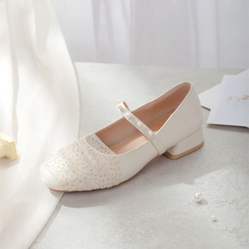 Women's Low Heel Pearl Fairy Country Style Mary Jane Cheongsam Shoes