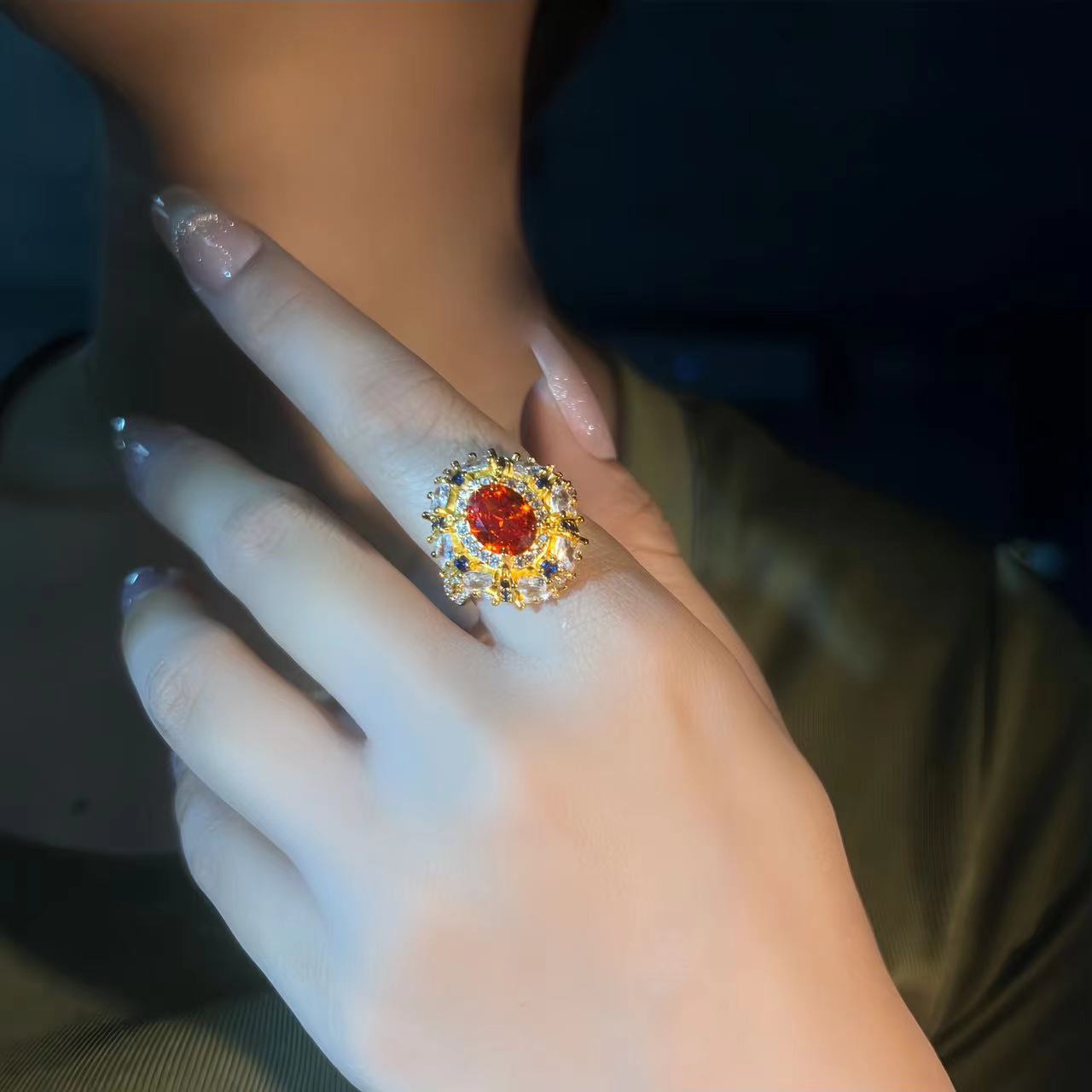 Heavy Craft Retro Italian Carved Gold Open Ring, Real Gold Plated Brass Elegant Versatile Gem Ring