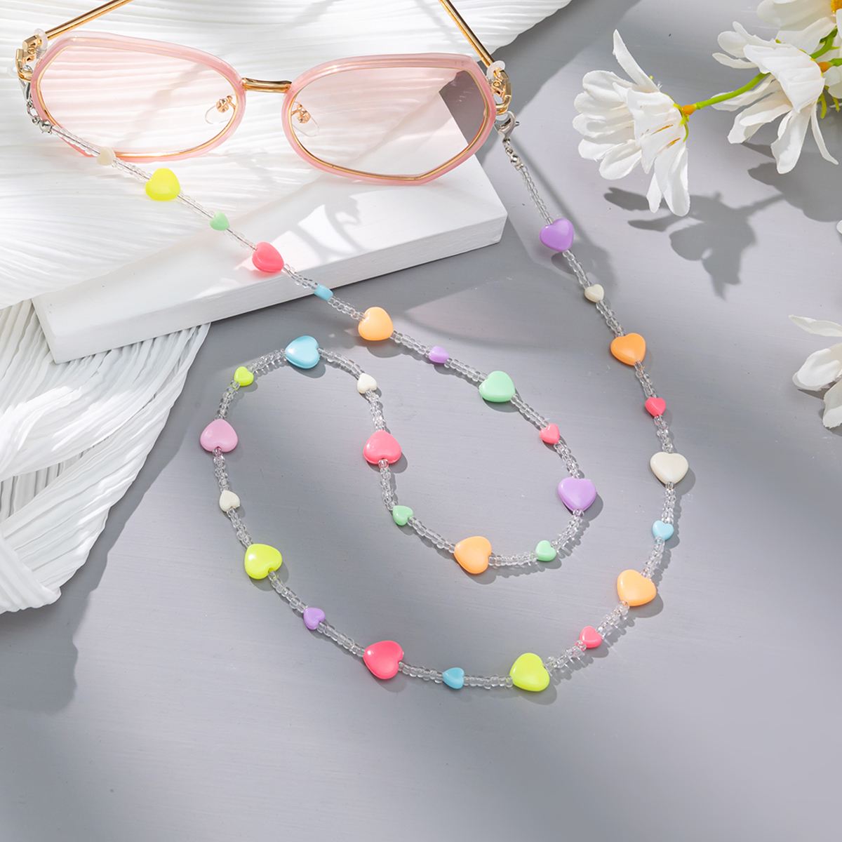 Candy-colored Acrylic Pearl Eye Pendant Chain, Butterfly Five-pointed Star Heart Neck Pendant Glasses Chain - Image 5