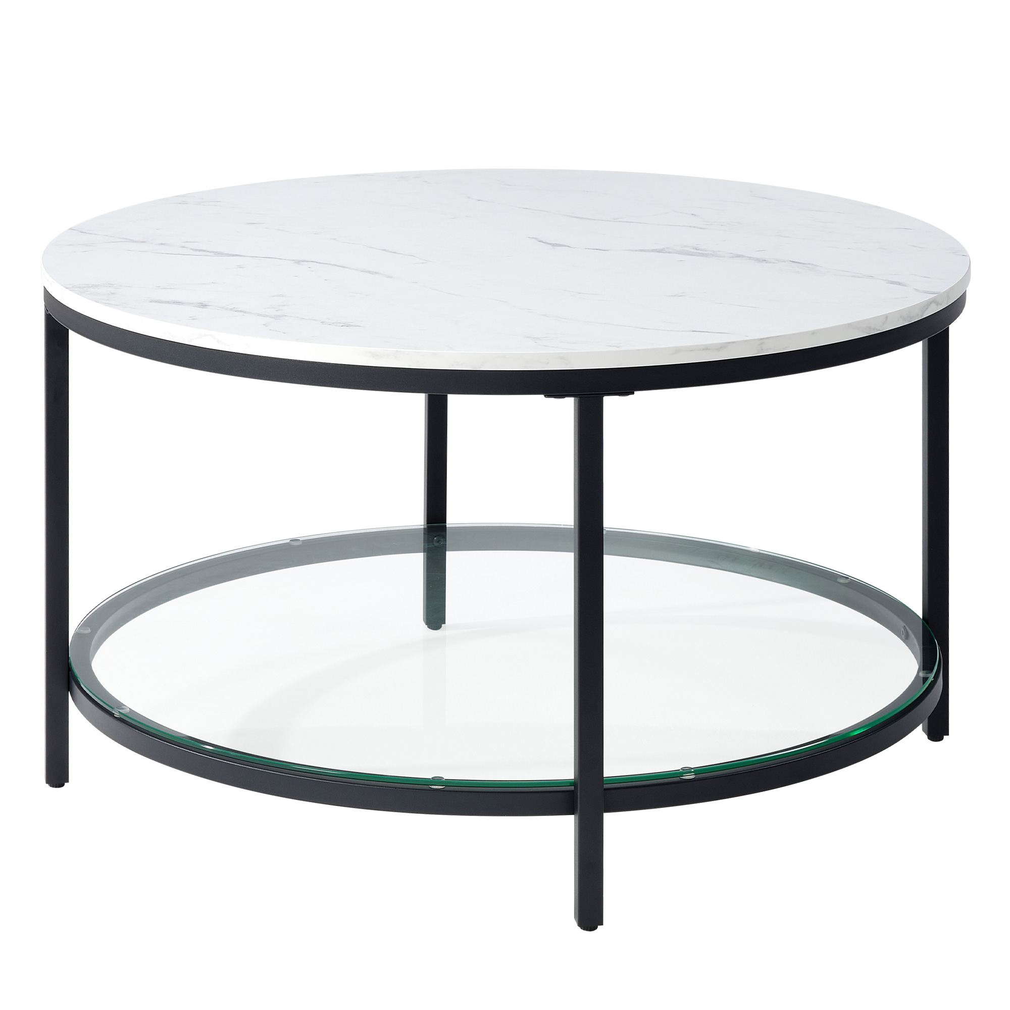 The Living Room Features A Marble Circular Glass Coffee Table, And A Double-layer Circular Transparent Coffee Table With Storage Function.
