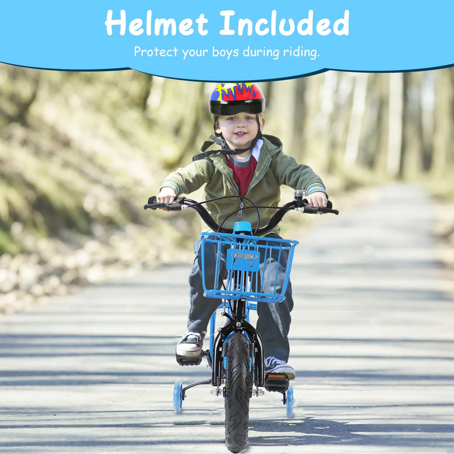 1Set 16In Kids Bike With Training Wheels Children Bicycle With Helmet Basket Rear Seat Chain Guard For Boys Aged 4 To 7 Years Old
