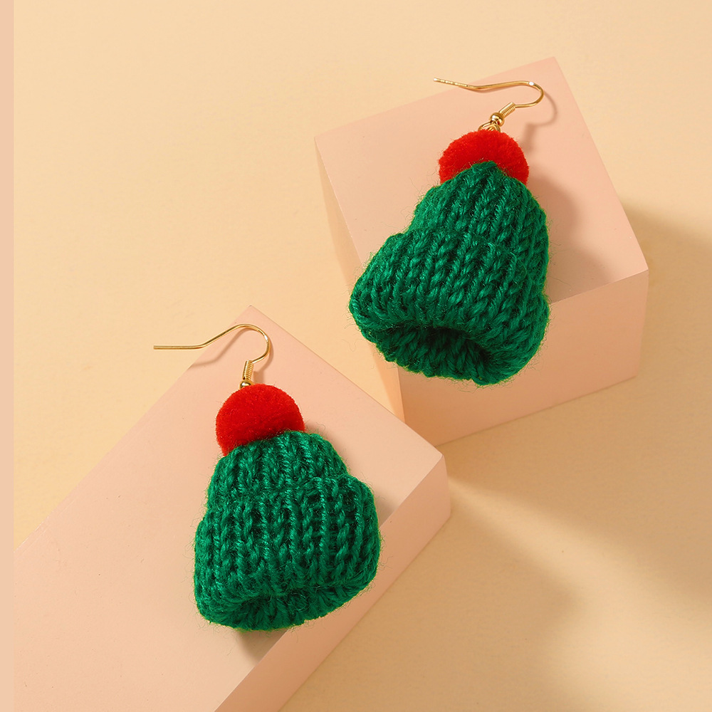 Hand Knitted Christmas Yarn Hat Pendant Earrings