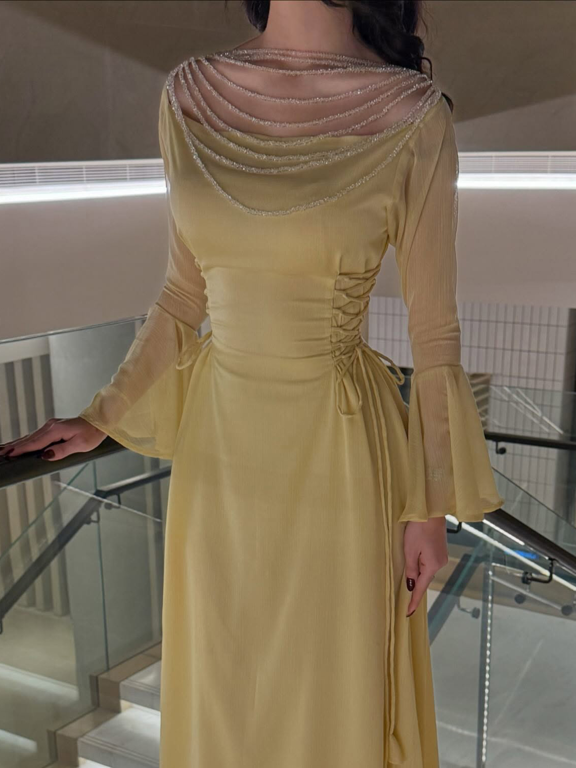 Yellow Pleated Belted Ruffled Sleeves Maxi Dress