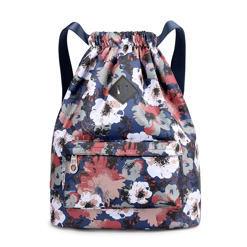 Travel Drawstring Ladies Print Backpack Large Capacity Oxford Cloth - Ink Flower