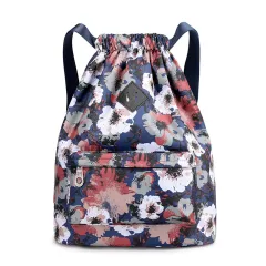 Travel Drawstring Ladies Print Backpack Large Capacity Oxford Cloth - Ink Flower - View 1