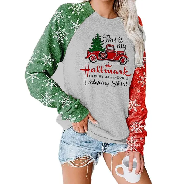 Christmas Movies My Hallmark Printed Long sleeved Sweatshirt Snowflake Green Red Sleeves - Shop at LoveMi