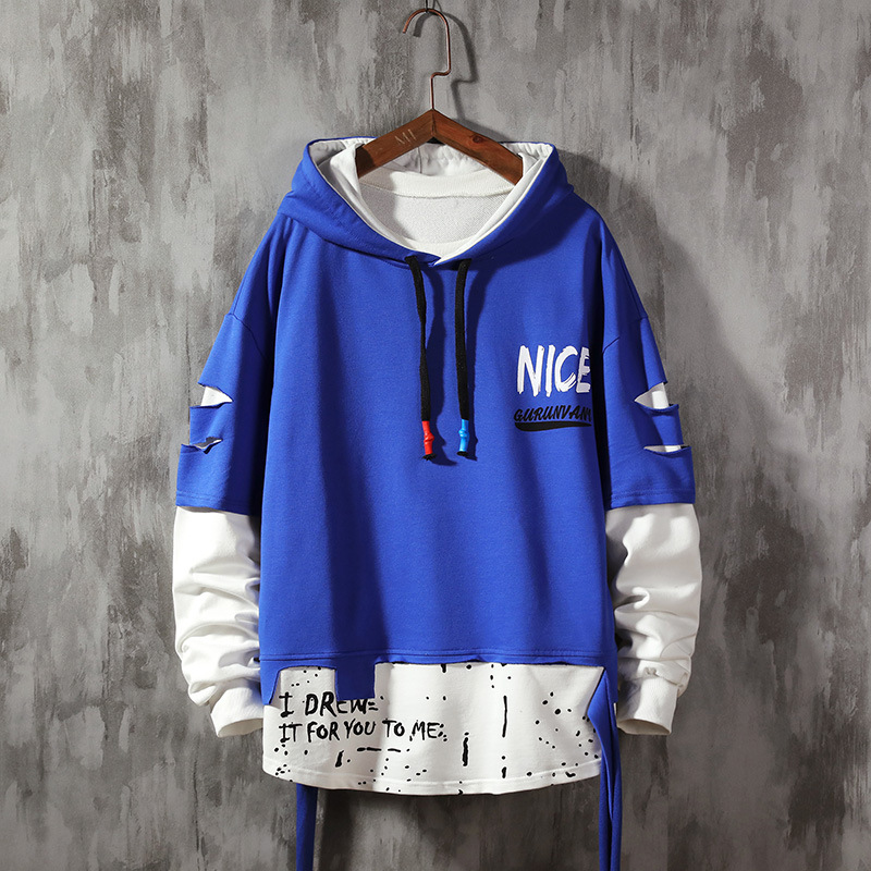 Title 3, Fake Two-Piece Hooded Pullover Long-Sleeved Swe...