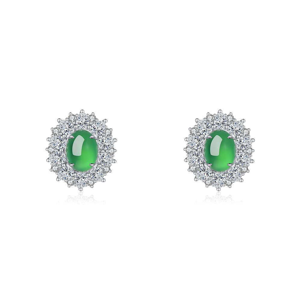S925 Sterling Silver Halo Stud Earrings, 9x7mm Oval Green Chrysoprase, Platinum Plated 6.6g Elegant Earrings With Fashion Gift Box