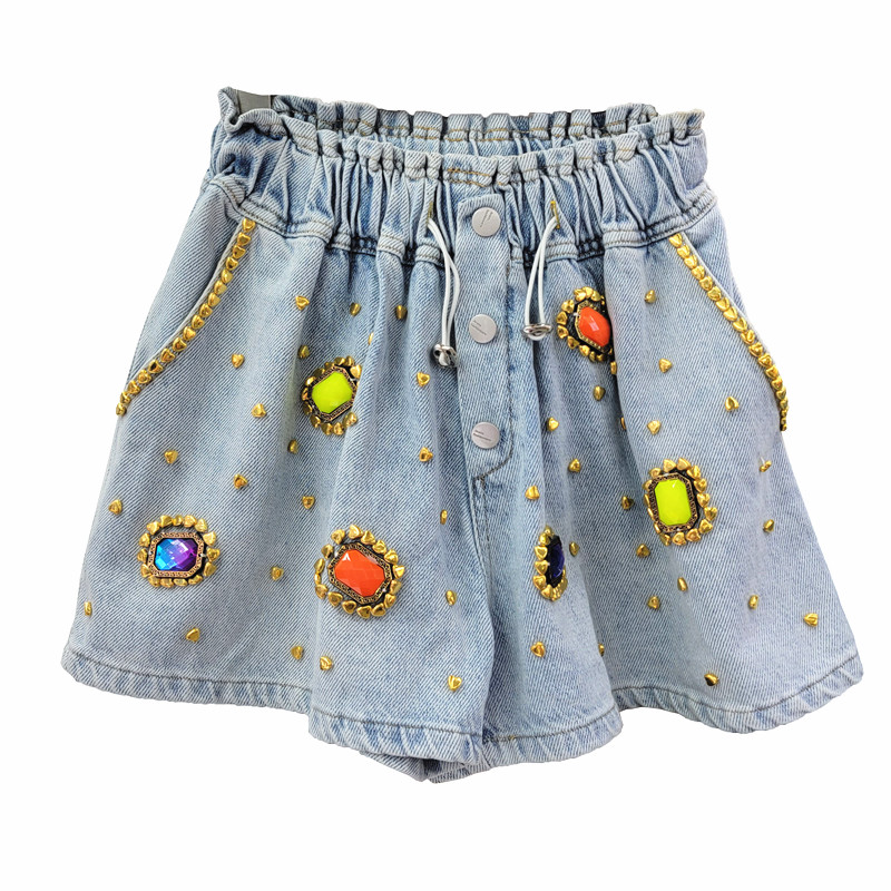 Diamond Beaded High Waist Women's Wide Leg Denim Shorts Blue - Shop at LoveMi