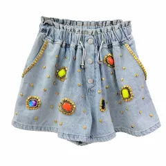 Diamond Beaded High Waist Women's Wide-Leg Denim Shorts - Blue - View 1