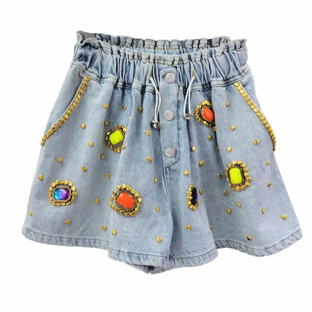 Diamond Beaded High Waist Women's Wide Leg Denim Shorts Blue - Shop at LoveMi
