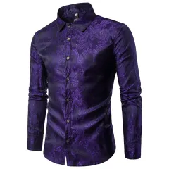 Embroidered Pattern Long Sleeve Plus Size Shirt - Purple - View 1