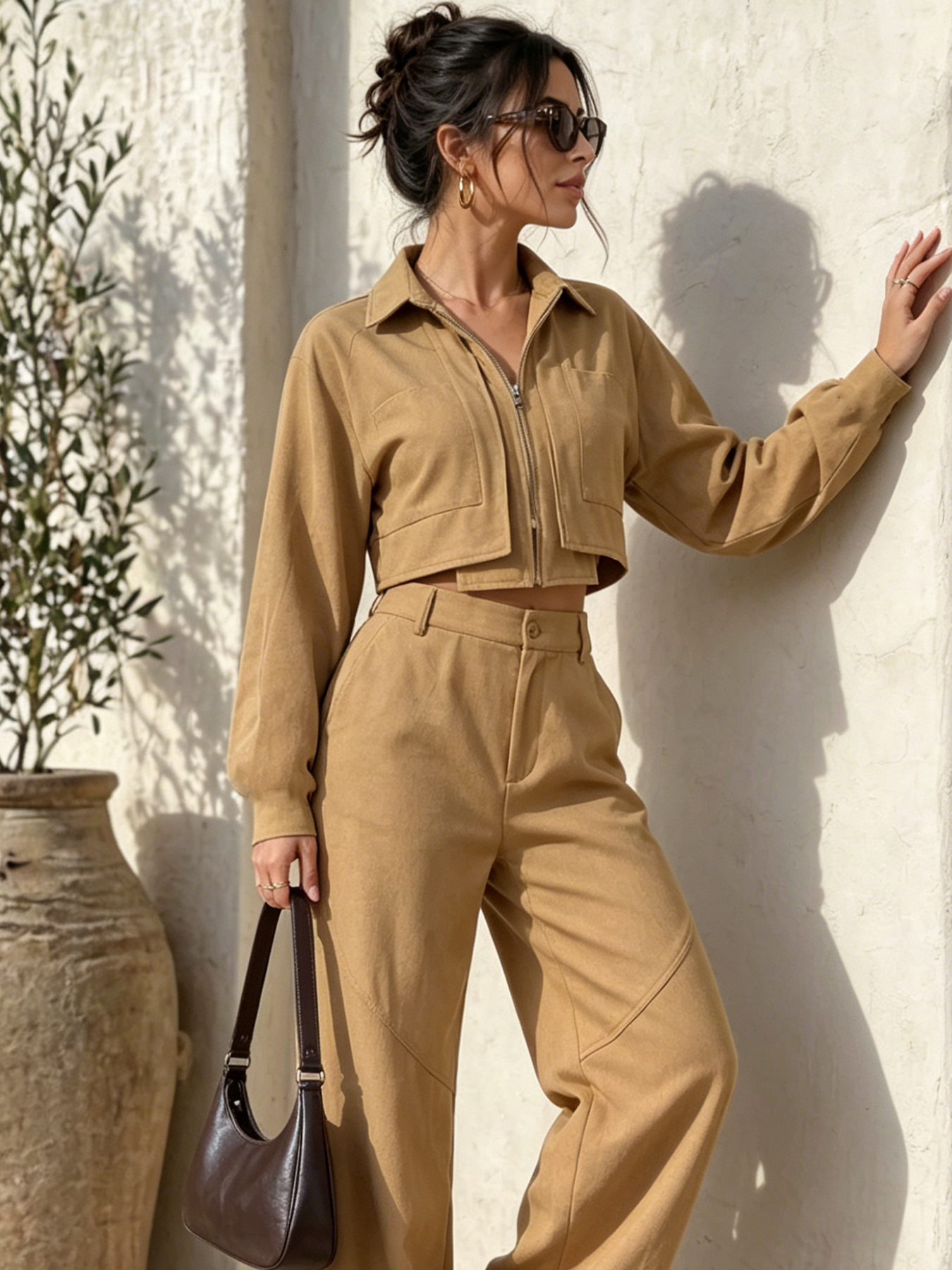 This New Women's Fashionable And Casual Two-piece Set Features A Long-sleeved, Collared, Cropped Top With A Zipper And Elasticated Waist, Paired With Loose-fitting Pants. The Comfortable Design Is Per — foto 2