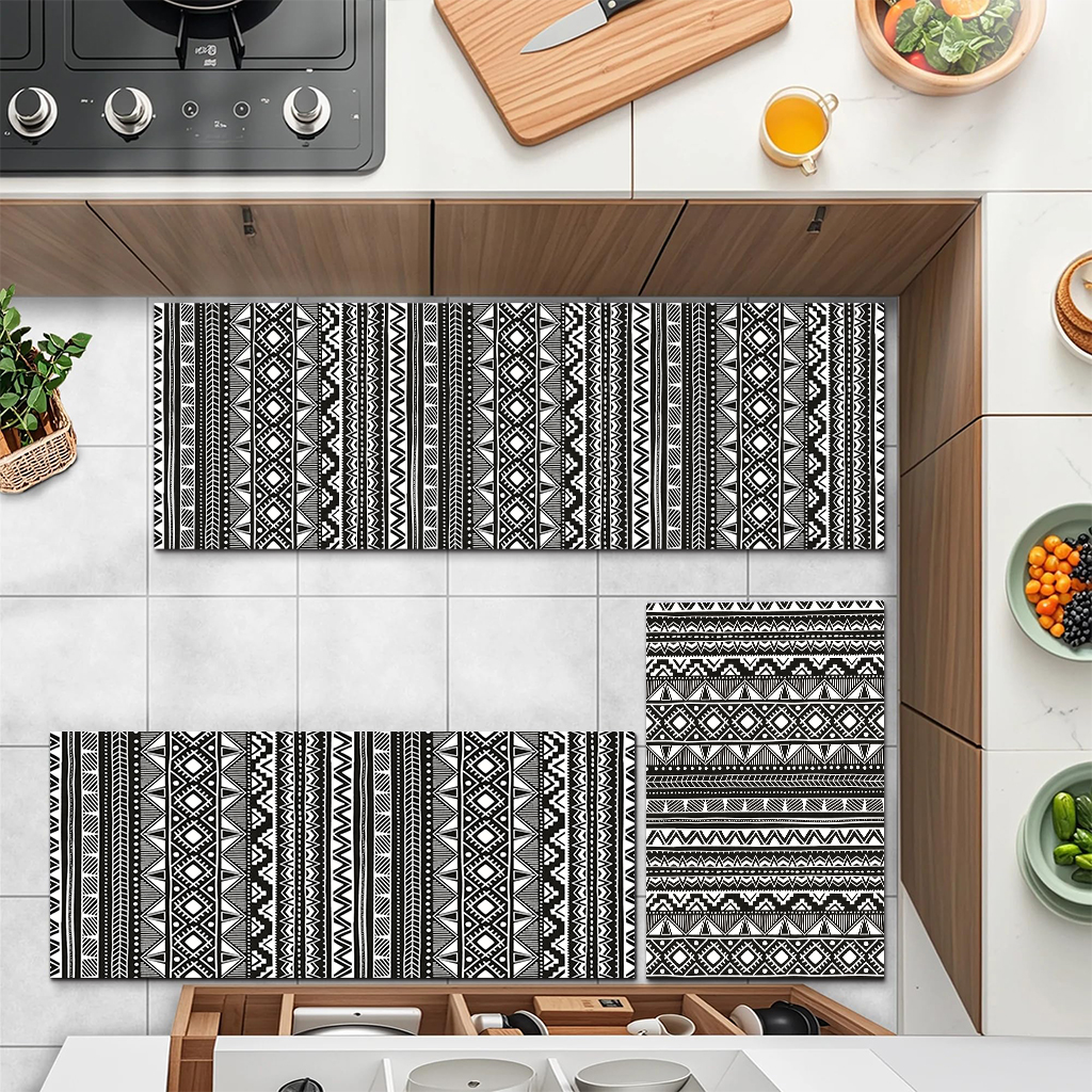 Black And White Geometric Ethnic Style Kitchen Carpet Three-piece Set Fashionable And Cool Artistic Sense Full Of Anti-skid And Stain Resistance Can Also Create A Kitchen Advanced Atmosphere Cashmere- 6