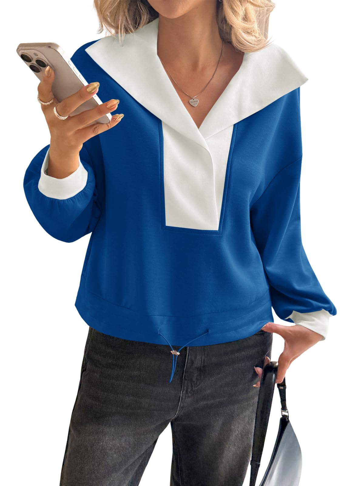 Fisoew Womens Cropped Oversized Sweatshirt Casual Lapel V Neck Long Sleeve Contrast Drawstring Loose Fit Fall Pullover Tops - Image 1