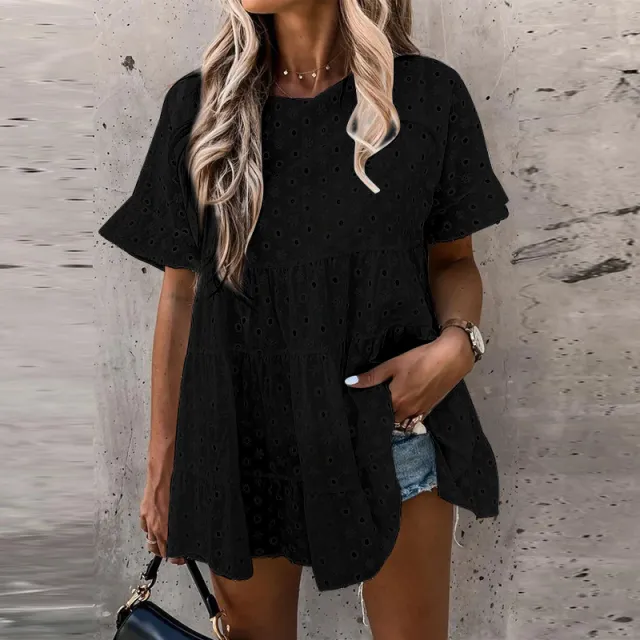 Women's V neck Lace Cotton And Linen Short sleeved Shirt Black - Shop at LoveMi