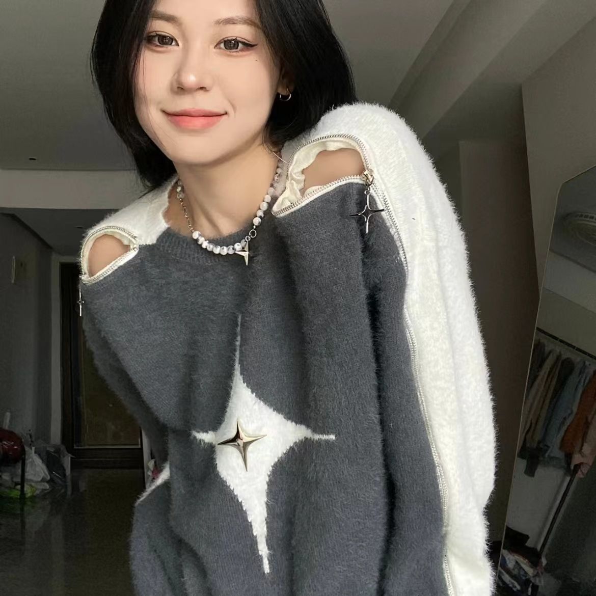 Grey And White Contrast Round Neck Sweater