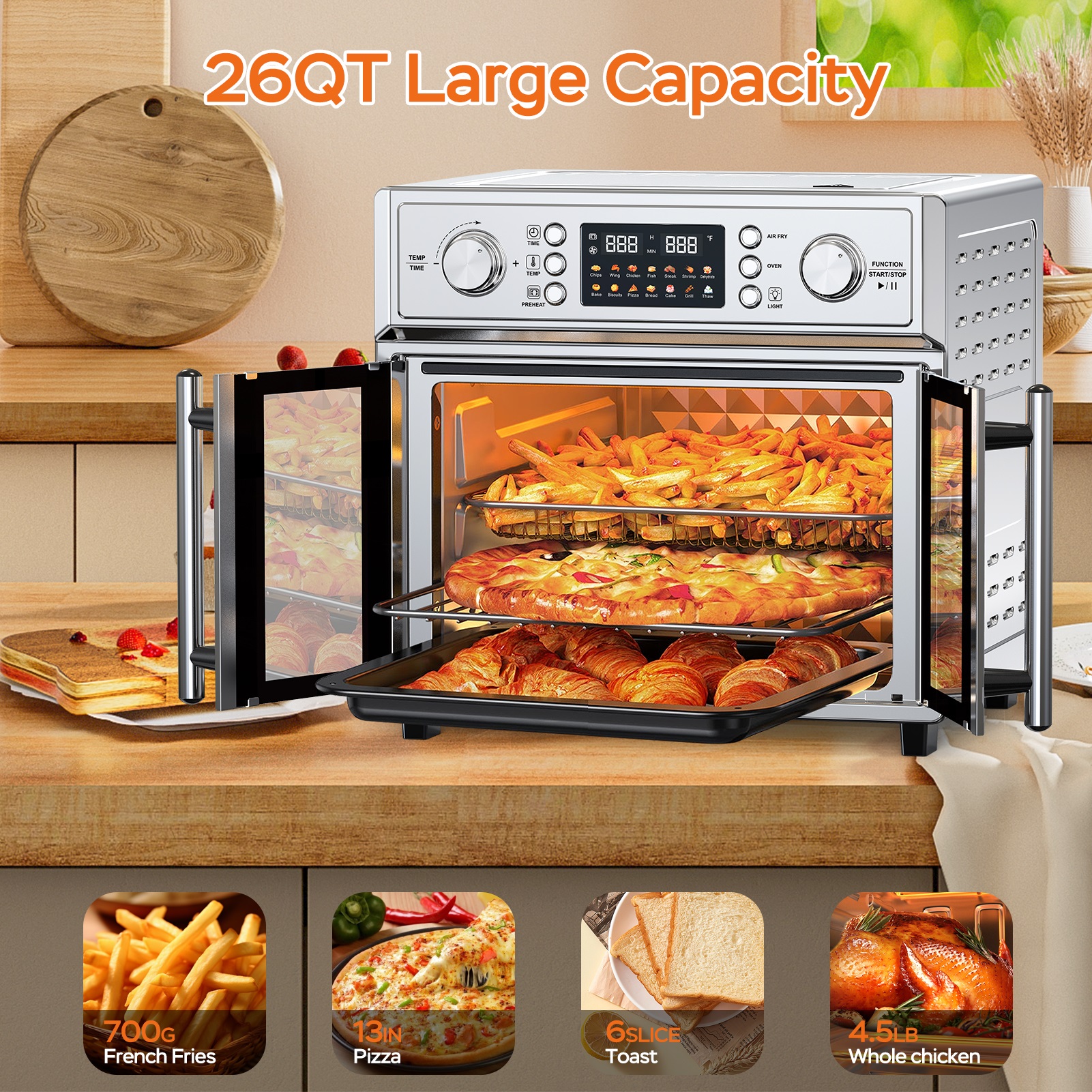 29.5QT French Door Air Fryer Toaster Oven Combo, 14 Presets, Digital Control, Stainless Steel, For Baking, Roasting, Includes Accessories,Silver, Amazon Resale Prohibited