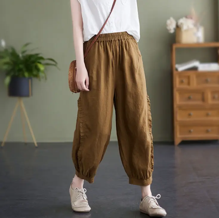 Large Size Women's Korean Style New Cotton Linen Casual Ninth Pants