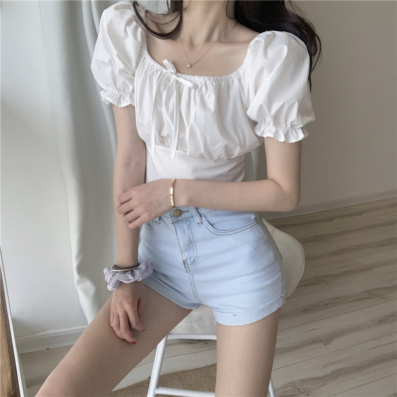 Title 11, Puff Sleeve Retro High Waist Slim Short Sleeve