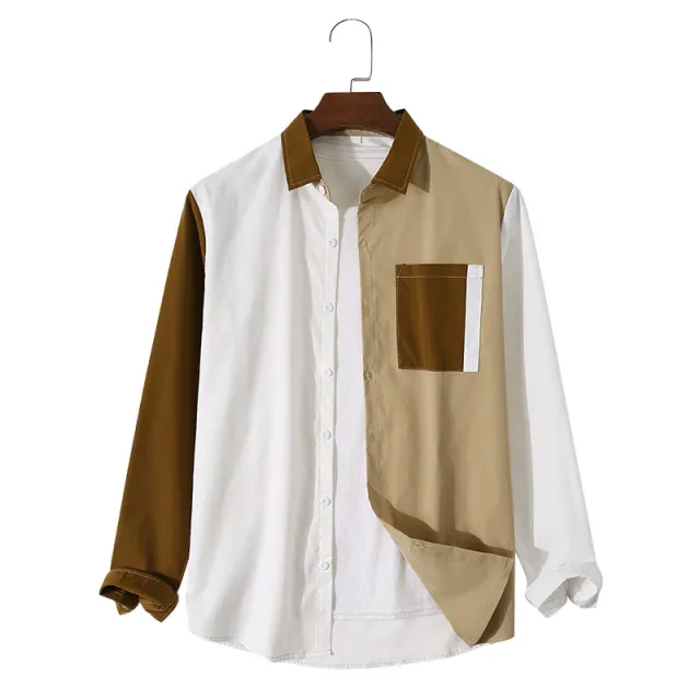 European And American Men's Casual Color Matching Long sleeved Shirt White - Shop at LoveMi