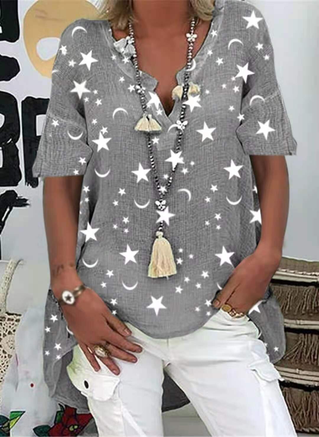 Title 3, Hot V-neck Star Print Short-sleeve Shirt Top