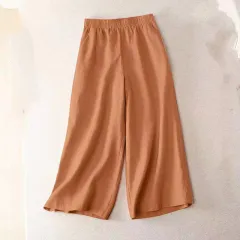 Cotton And Linen Women's Thin Loose Large Waist Elastic Wide Leg Pants - 24692Coffee - View 1