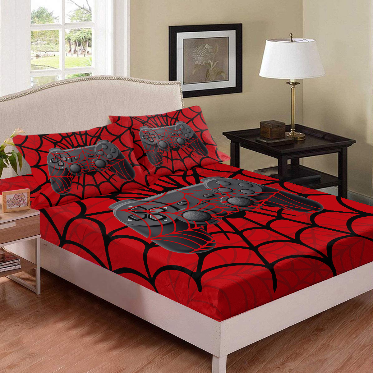 3PCS Gamer Bed Fitted Sheet Set, Red Bedding Set, Spider Web,1 Fitted Sheet, 2 Pillow Cases