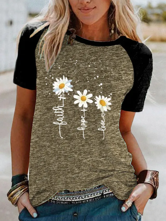 Three Little Daisies Print Short sleeved T shirt Army Green - Shop at LoveMi