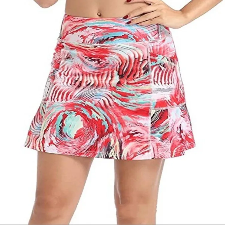 Women's Short Culottes Tennis Running Workout Two-layer High Top Sports Dress With Pockets - Red
