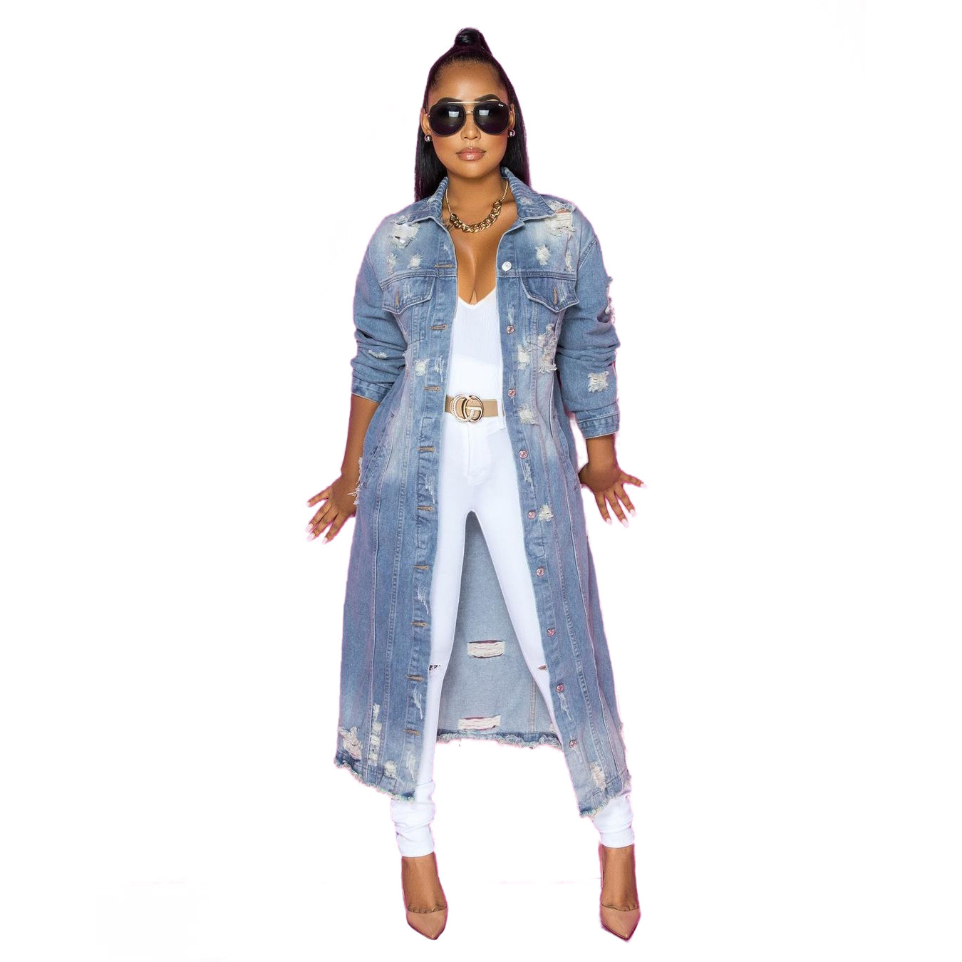 Blue Hole Washed Loose Long Sleeve Denim Coat Light Blue - Shop at LoveMi