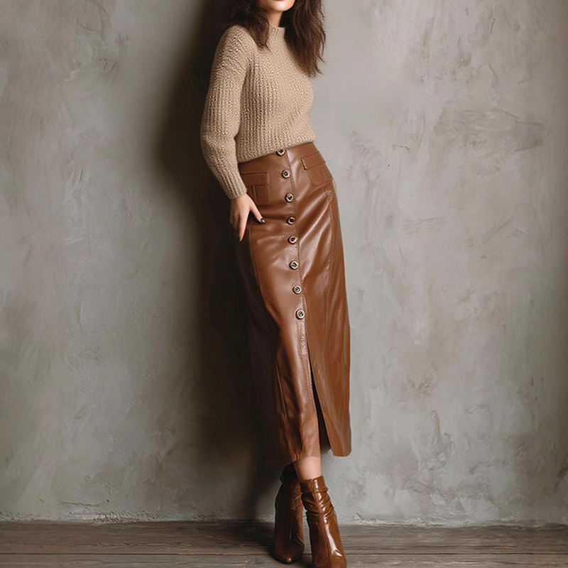 Women's Faux Leather Bodycon Skirt - High Waisted Slim Fit Midi Skirt With Front Slit & Button Decor
