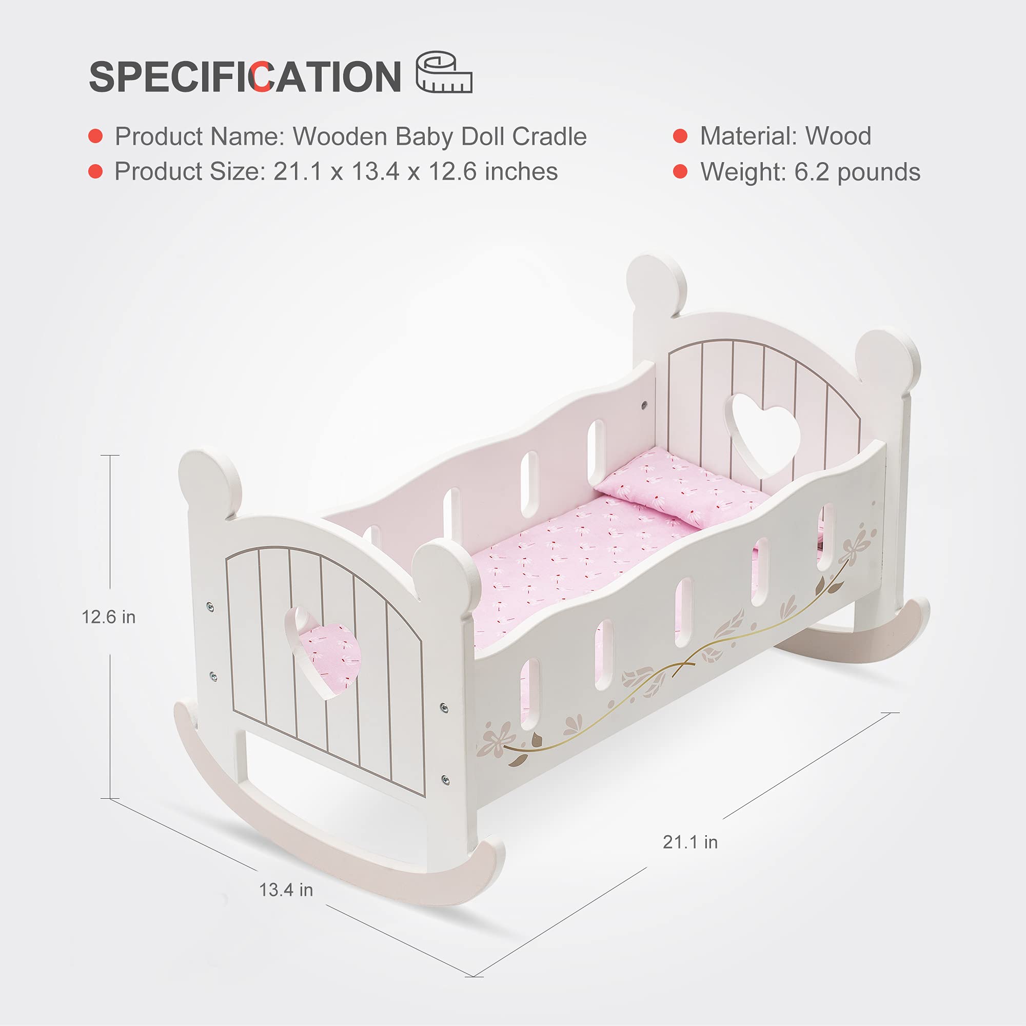 wooden doll cradle rocking baby doll crib reversible doll bed for dolls girl fits dolls up to 18 inches