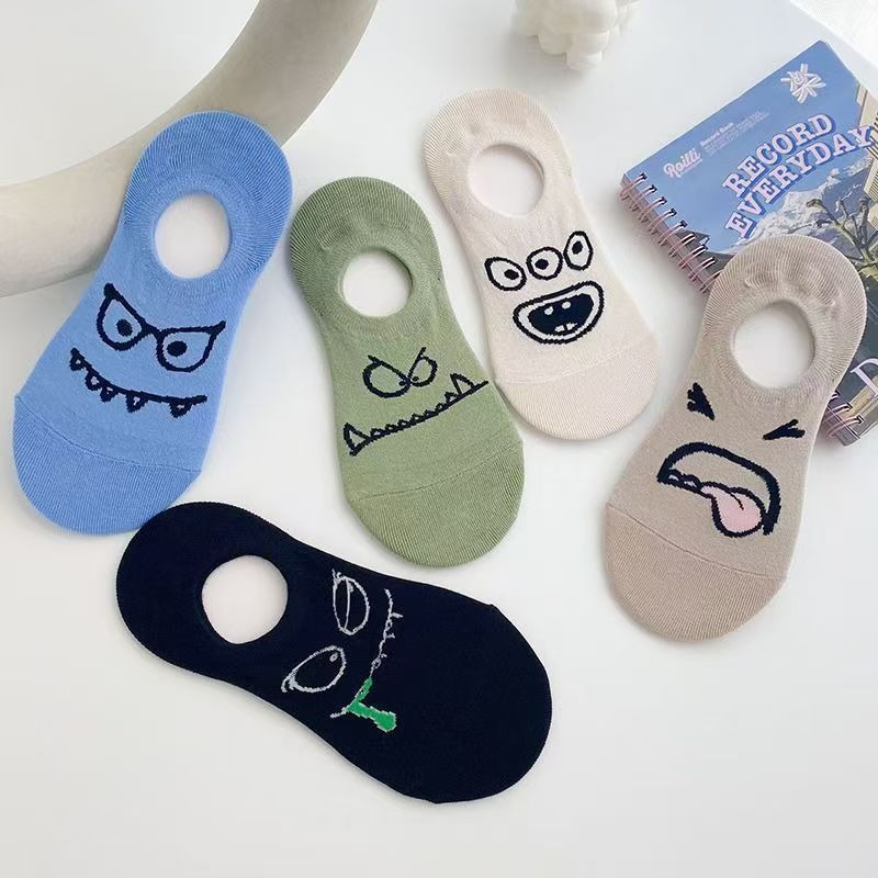 Funny Cartoon Monster Face No Show Socks, Novelty Expression Print Low-Cut Liner Socks, Cute Casual Invisible Socks For Women & Teens