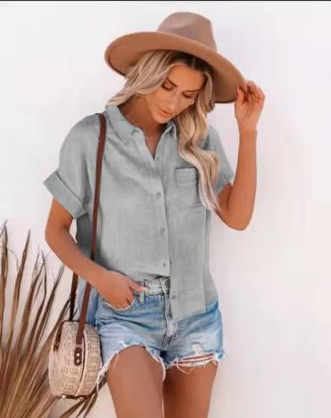 Explosive Style Cotton And Linen Shirt Short sleeved Ladies Lapel Button down Shirt Grey - Shop at LoveMi