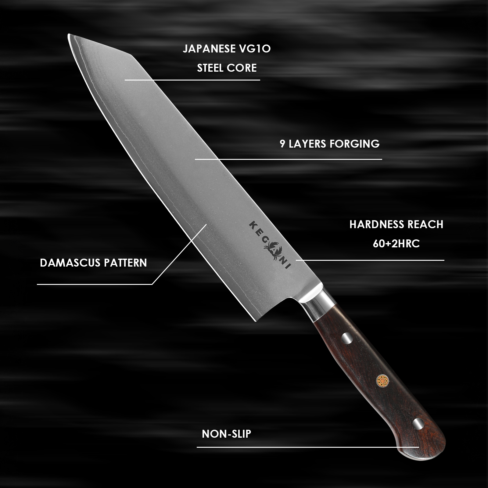 Kegani Kiritsuke Knife - 8-Inch Professional Japanese Chef Knife, Japanese VG-10 Ultra-Sharp Kitchen Knives, 9 Layer Clad Steel - Ergonomic Handle