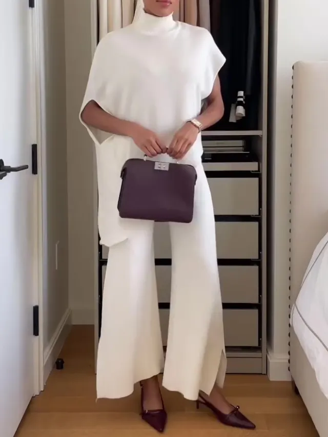 High Collar Irregular Hem Top & Slit Pants Suit White - Shop at LoveMi