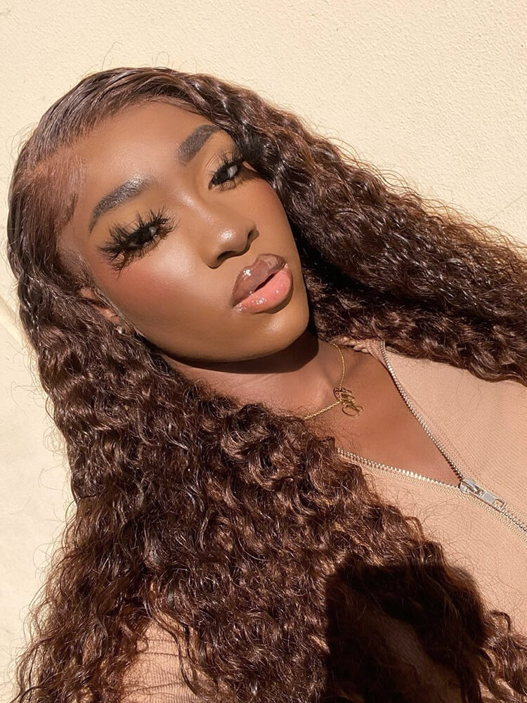 Chocolate Brown 4x4 Lace Closure Human Hair Wig, Water Wave Wig Color 4, 150 Density