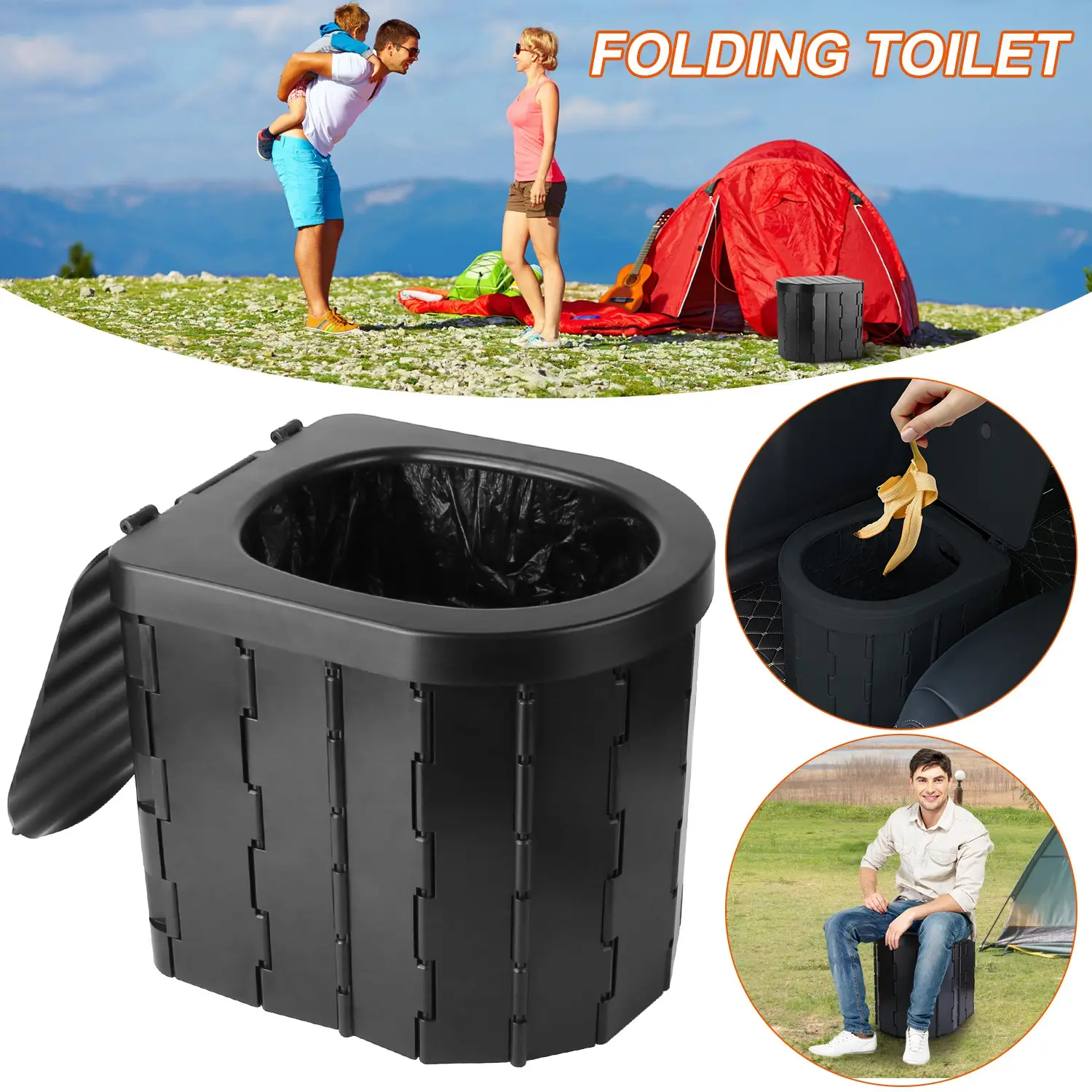 1Pc Foldable Emergency Toilet Portable Porta Potty For Car Travel Camping Boating Hiking Cleanable Travel Commode With Lid Carry Bag 1 Roll Garbage Bags
