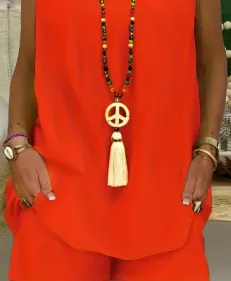 Solid Color Casual Shorts Suit, Ring Detail Cut-out Front Halter Top And Elasticated Waist Shorts - Orange